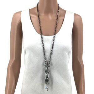 Plunder Tassel Necklace Black Faux Pearl Rhinestone Heart Long Length 32 Inch Le